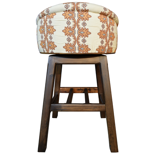 Rear view of Contemporary Handcrafted bar stool with floral fabric back and splayed legs