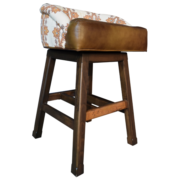 Three-quarter front view of Contemporary Handcrafted bar stool with floral fabric and splayed legs