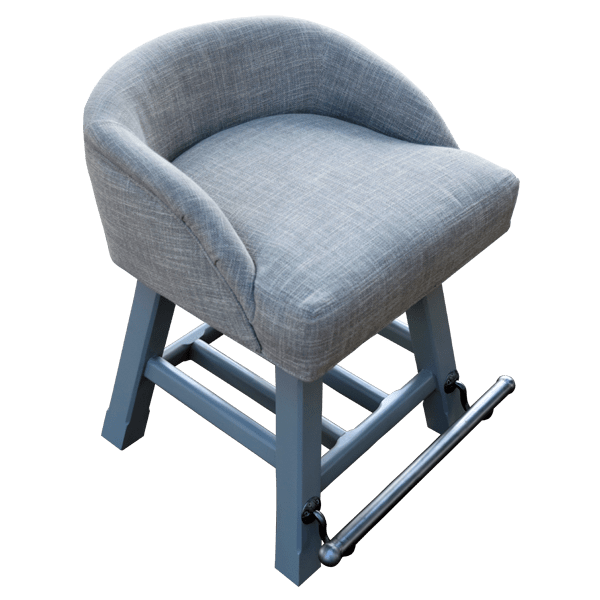 Elevated three-quarter front view of gray fabric bar stool with matching wood frame and iron footrest