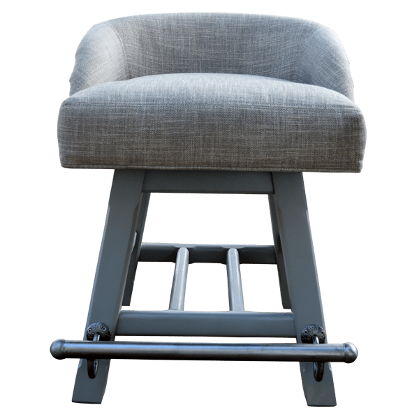Front view of handcrafted gray fabric bar stool with matching wood frame and iron footrest