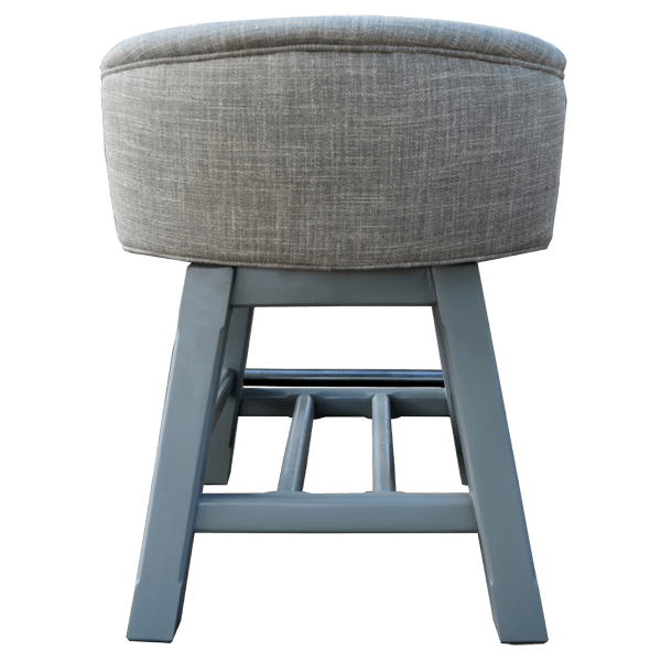 Rear view of handcrafted gray fabric bar stool with matching wood frame and swivel base