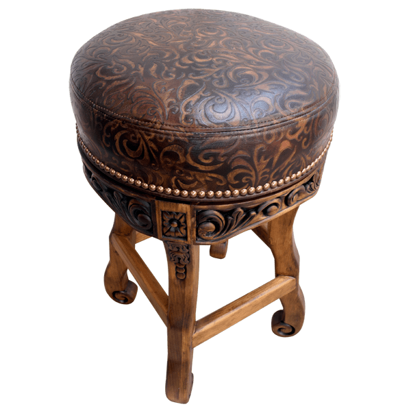 Elevated three-quarter front view of bar stool with scroll carvings and gilt nail accents