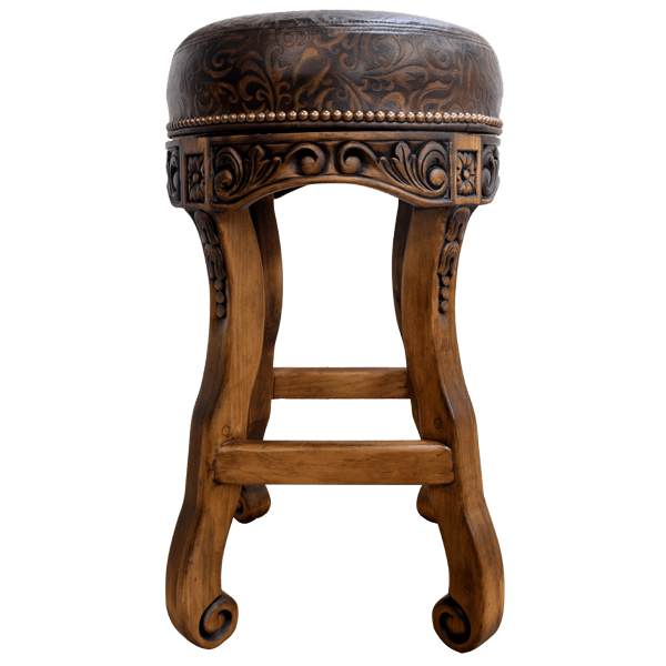Front view of handcrafted bar stool with embossed leather and carved wood details