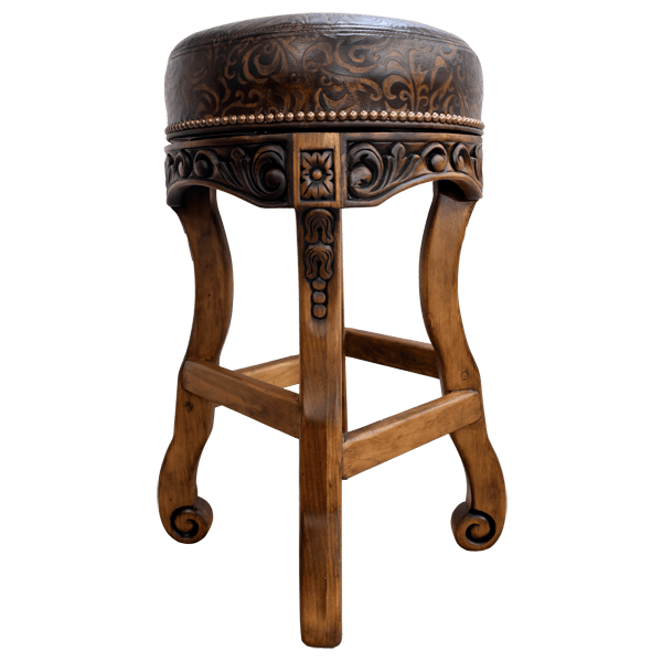 Three-quarter front view of bar stool with leather upholstery and carved wood base