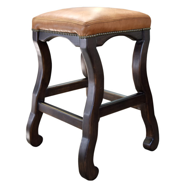 Three-quarter front view of stationary bar stool with leather seat and wood crossbars