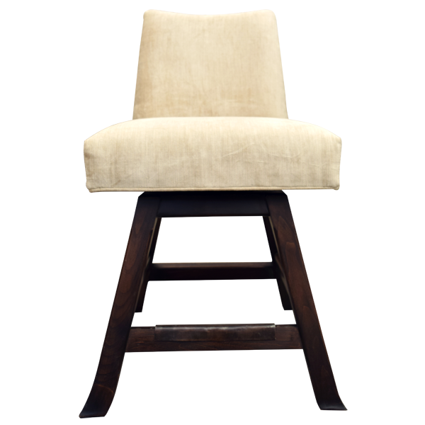 Front view of swivel bar stool with cream upholstery and dark stained wood