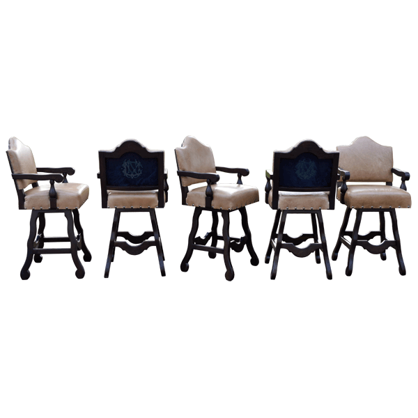 Set of four handcrafted bar stools shown in varied angles with neutral leather and embroidered fabric   F