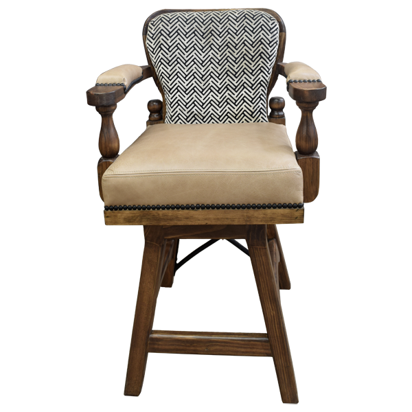 Front view of handcrafted bar stool with leather seat and patterned fabric back