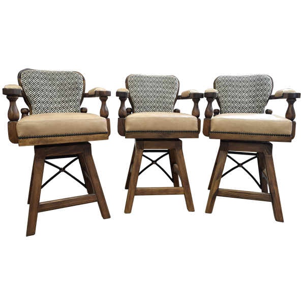 Set of three handcrafted bar stools in front view with leather seats and patterned backs