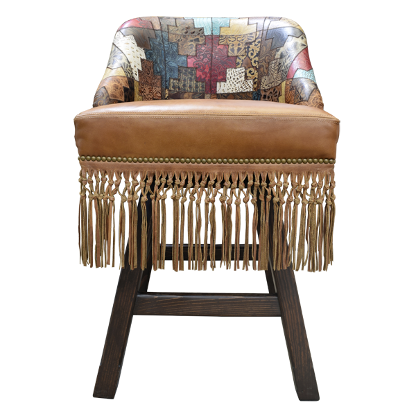 Front view of Western style bar stool with mosaic leather and fringe