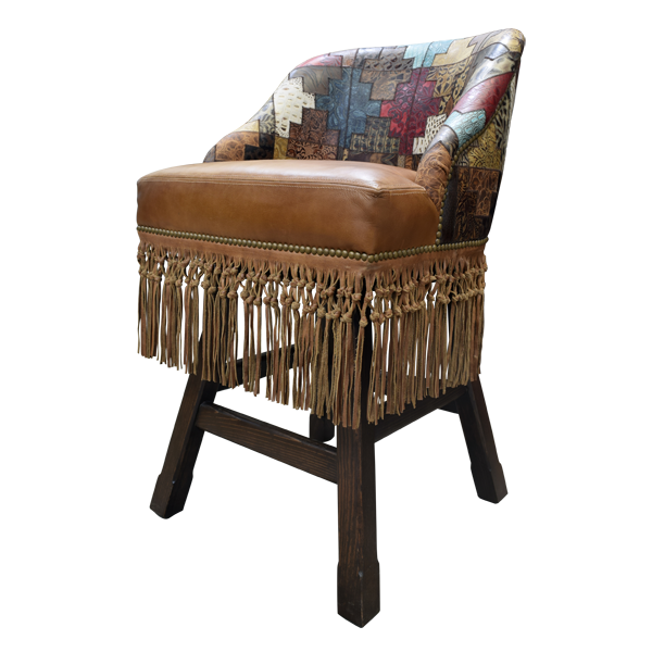 Three-quarter front view of mosaic leather bar stool with fringe and wood base