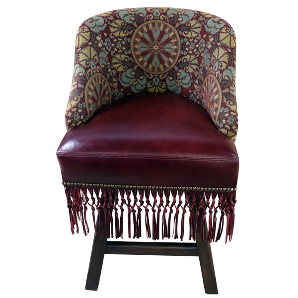 Elevated front view of Western bar stool with leather fringe and patterned backrest