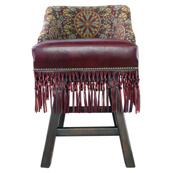 Front view of Western style bar stool with earthen leather and patterned fabric