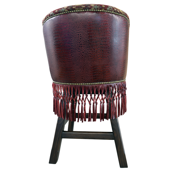Rear view of Western bar stool with earthen leather and patterned interior