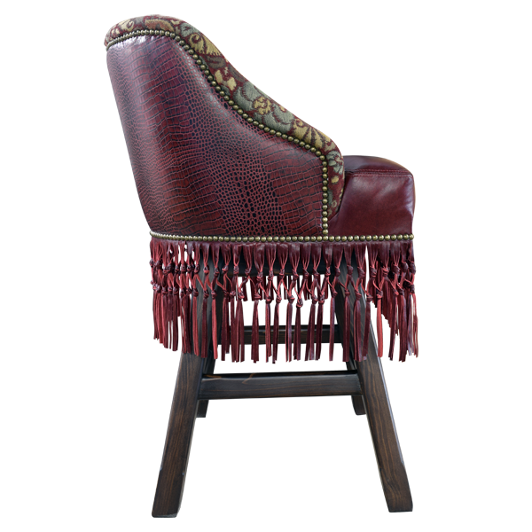 Side view of Western bar stool with patterned fabric back and fringe