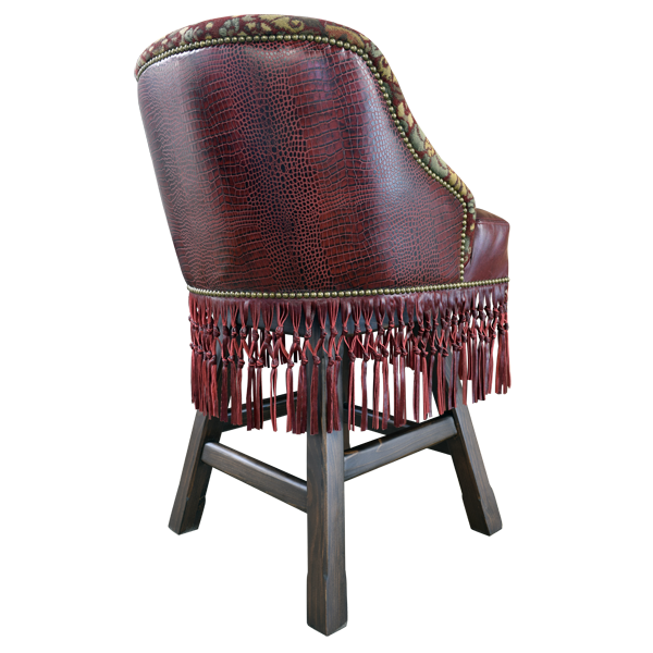 Three-quarter rear view of Western bar stool with leather back and fringe