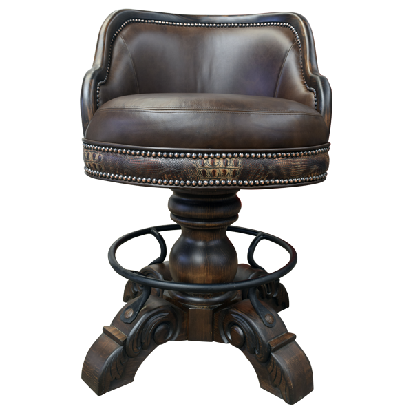 Front view of traditional bar stool with chocolate leather and trumpet pedestal