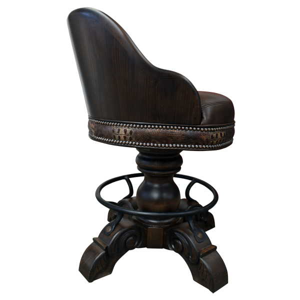 Side view of bar stool with full grain leather and traditional wood footrest