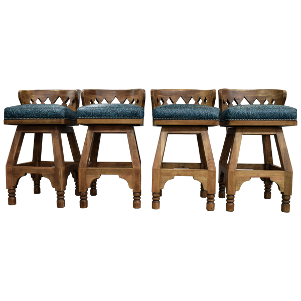 Set of four handcrafted bar stools with diamond cut-out backs and turquoise leather seats