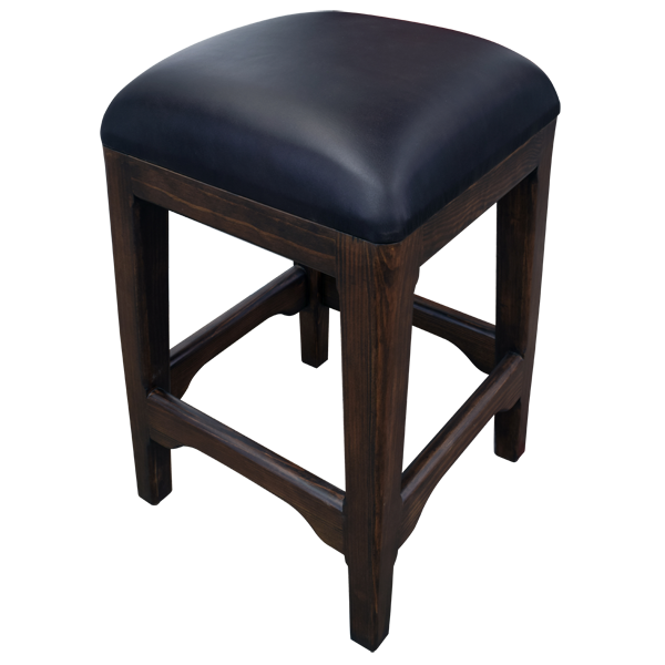 Elevated three-quarter front view of bar stool with classic design and black leather upholstery