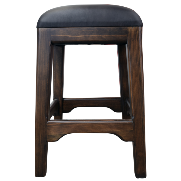 Front view of traditional bar stool with black full grain leather seat and dark wood frame