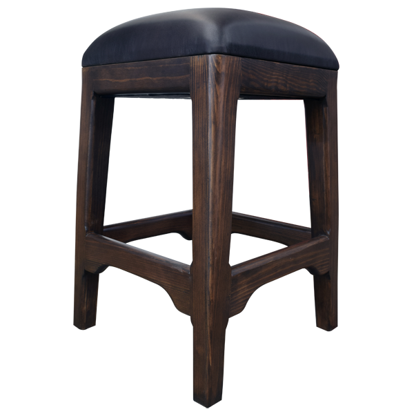 Three-quarter front view of bar stool with black leather seat and space-saving design