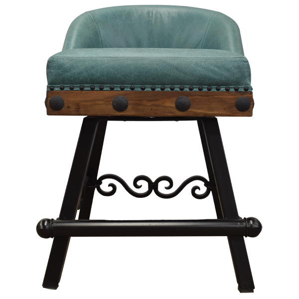 Front view of handcrafted bar stool with turquoise leather and hand forged iron legs