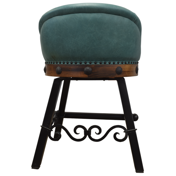 Rear view of bar stool with turquoise leather back and iron conchos