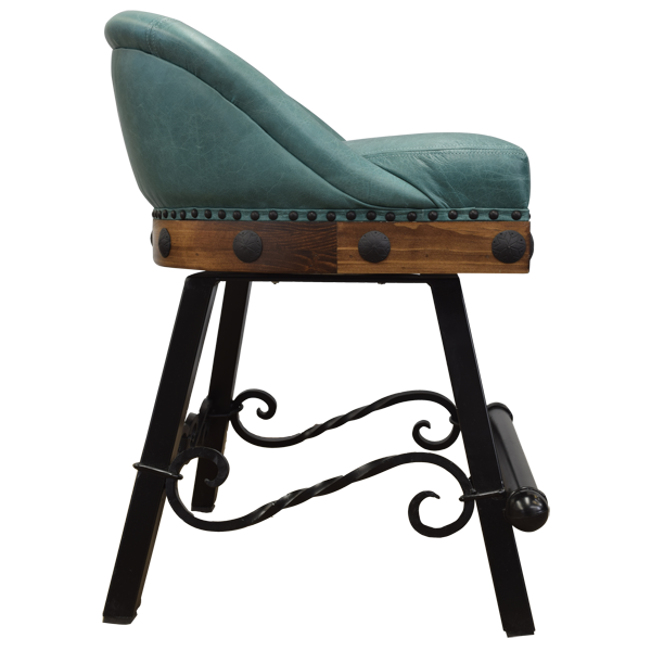 Side view of bar stool with turquoise leather seat and hand forged iron legs