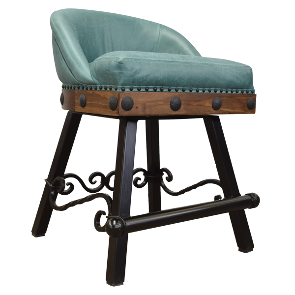 Three-quarter front view of bar stool with turquoise leather and iron scrollwork