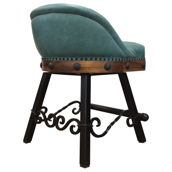 Three-quarter rear view of bar stool with turquoise leather and iron scroll structure