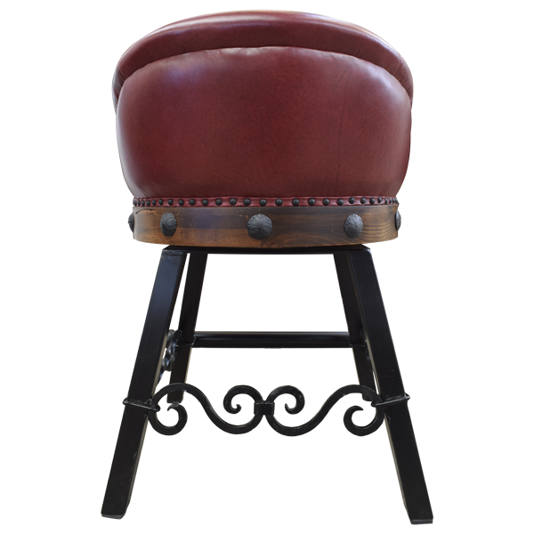 Rear view of bar stool with earthen leather back and iron conchos