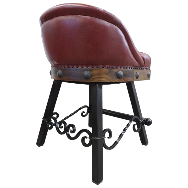Rear angled view of bar stool with earthen leather and scroll iron accents