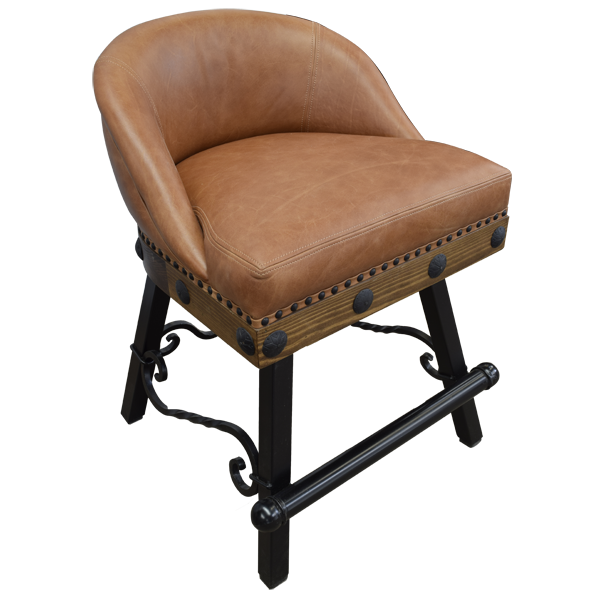 Elevated oblique front view of bar stool with leather upholstery and scroll ironwork