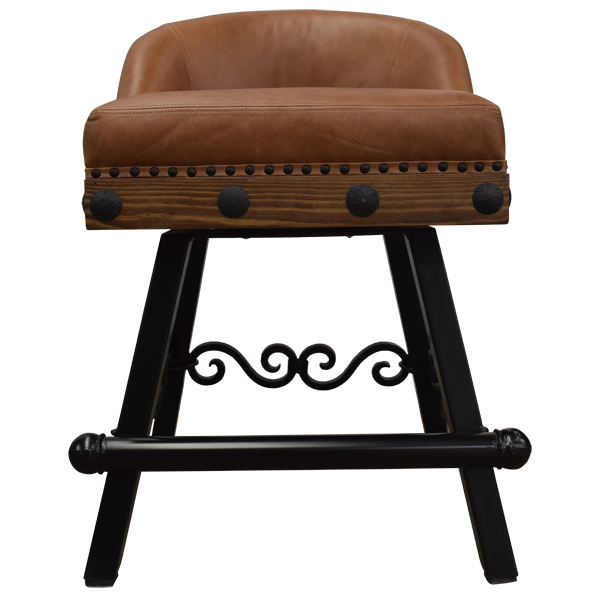 Front view of handcrafted bar stool with natural leather and scroll iron footrest