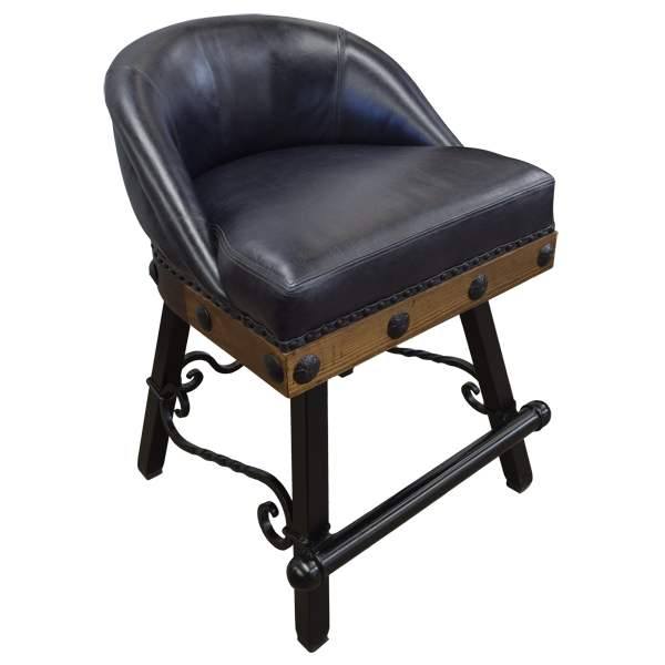 Elevated oblique front view of bar stool with dark leather and scroll ironwork