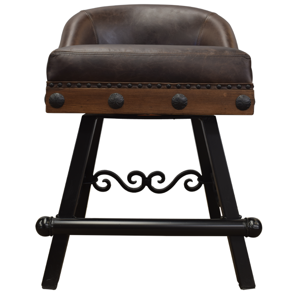 Direct front view of bar stool with full grain leather and scroll iron footrest