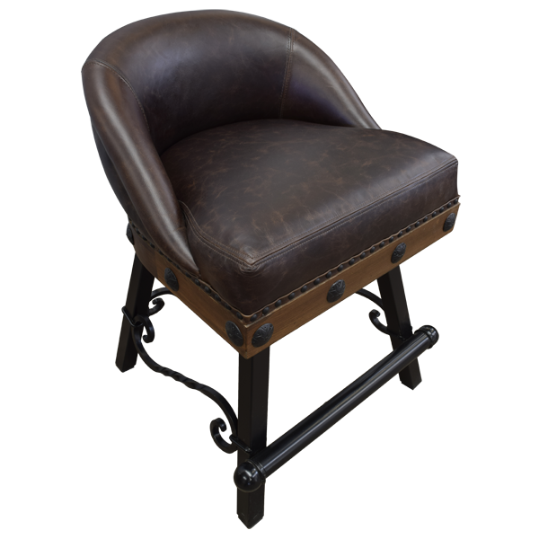 Elevated oblique front view of bar stool with leather seat and scroll iron frame
