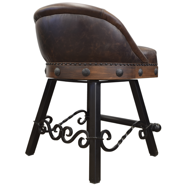 Oblique rear angle view of bar stool with leather back and scroll iron details