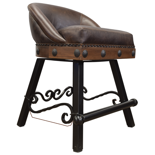 Three-quarter front view of bar stool with full grain leather and iron accents