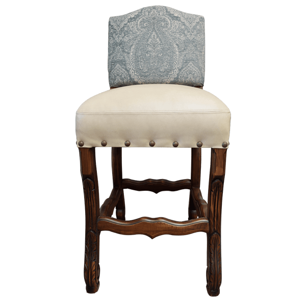 Front view of handcrafted bar stool with blue patterned back and beige leather seat