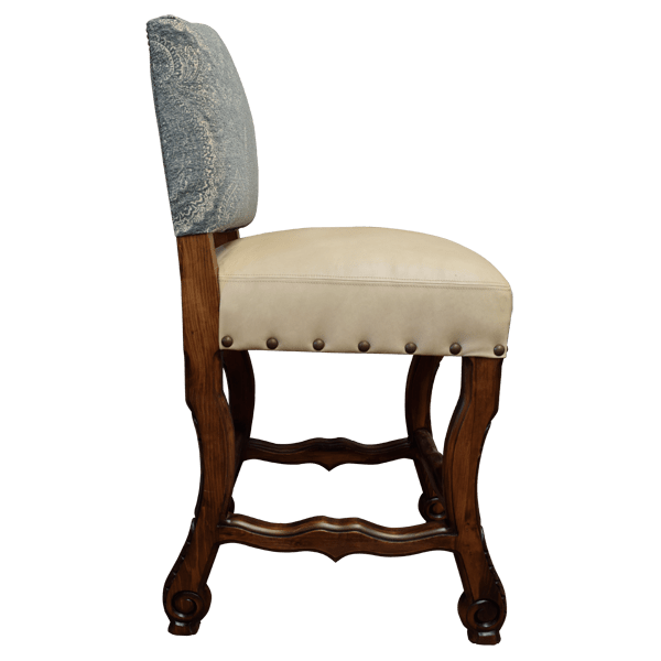 Side view of bar stool with patterned backrest and leather seat