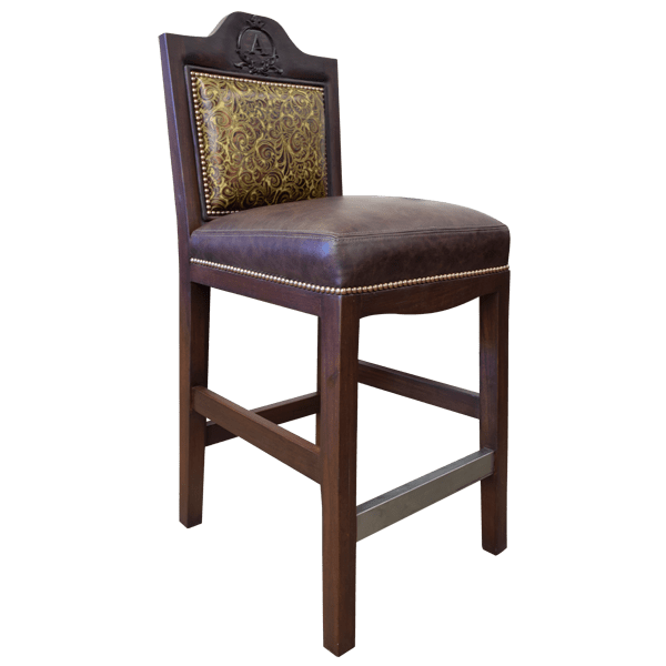 Three-quarter front view of bar stool with leather seat and carved scroll details