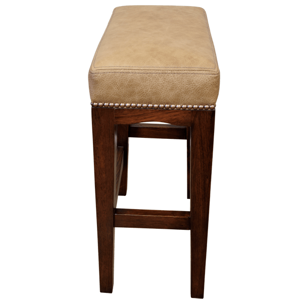 Elevated side view of backless bar stool with natural leather and box stretcher