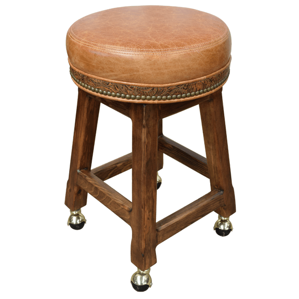 Elevated three-quarter view of leather barstool with optional swivel and casters
