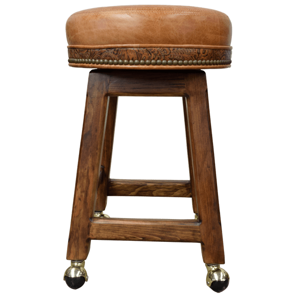 Front view of timberwood barstool with embossed leather and swivel option