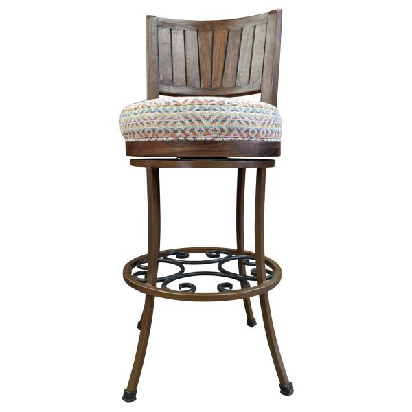 Front view of French country barstool with hand-forged metal and fabric seat