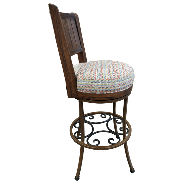 Side view of barstool with swivel seat and hand-forged metal frame