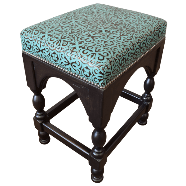 Elevated three-quarter view of barstool with optional swivel and embossed leather