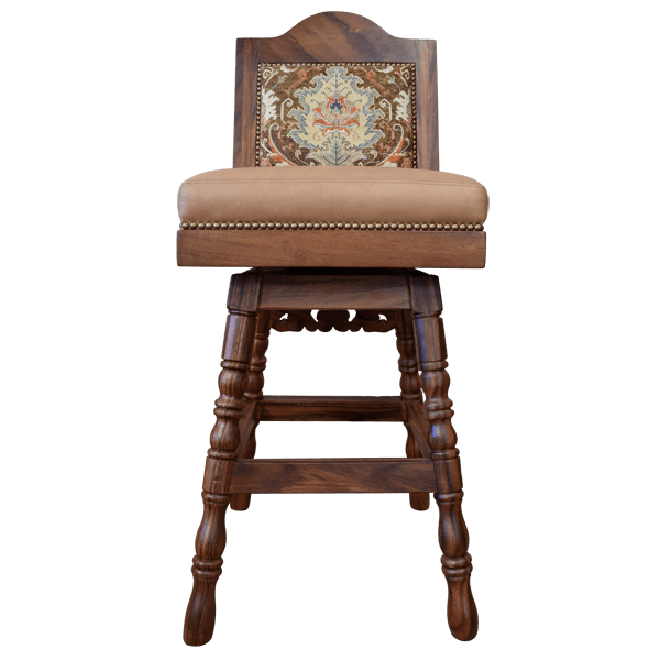 Front view of Italian barstool with full grain leather and brass tacks